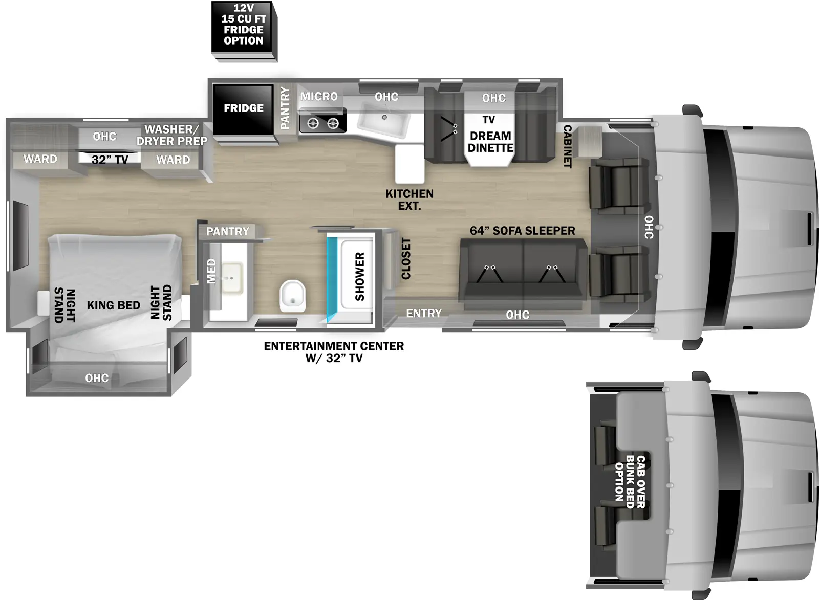 The 32KD has two slideouts and one entry. Exterior features entertainment center with TV. Interior layout front to back: front cockpit with overhead cabinet (optional cab over bunk bed); off-door side cabinet, and slideout with sofa sleeper, overhead cabinet, kitchen counter with extension, sink, microwave, cooktop, pantry, and refrigerator; door side dream dinette, overhead cabinet, entry door, TV, and side aisle full bathroom with medicine cabinet; rear bedroom with door side king bed slideout with overhead cabinet and night stands on each side, and off-door side wardrobes with washer/dryer prep, overhead cabinet, and TV.